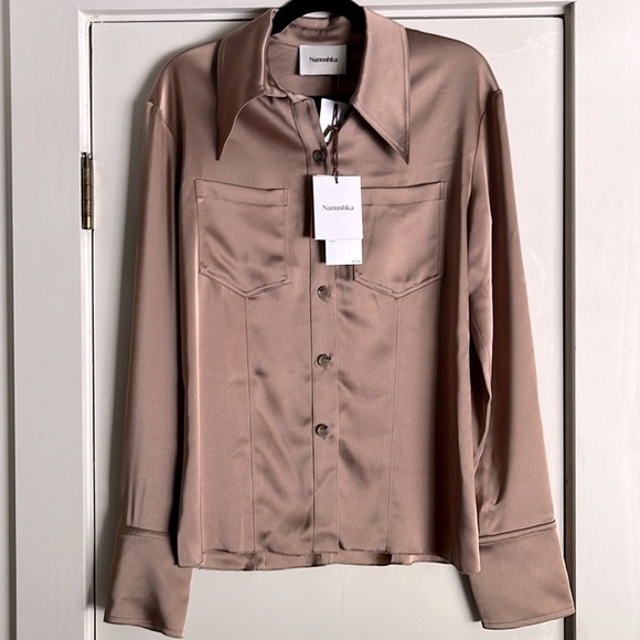 Nanushka Tippi Satin Long Sleeve Button-up Blouse in Sandstone size M - Picture 3 of 10